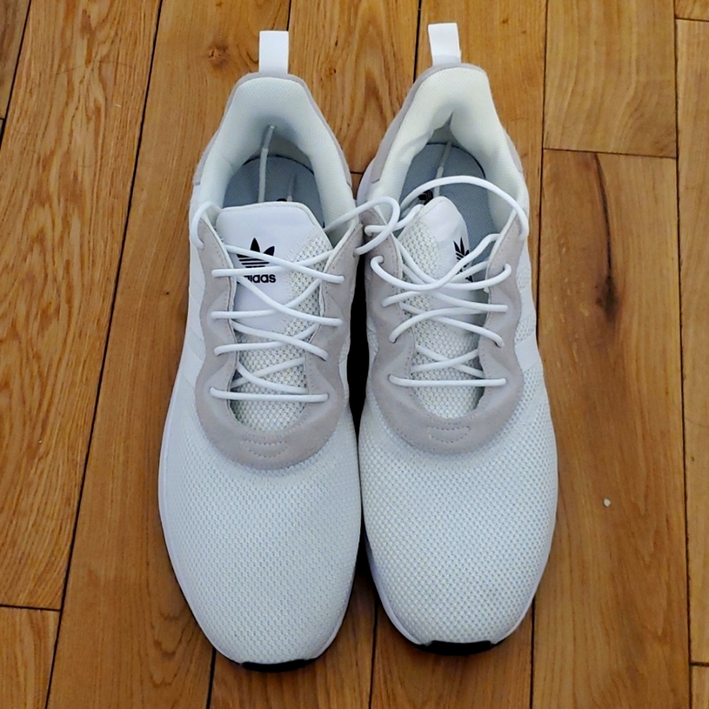 size 14 white and gray black bottom Adidas sneakers